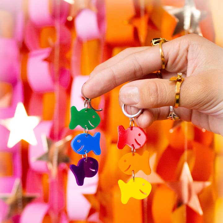Rainbow Cracker Fish Dangle Earrings for wholesale by Sunshine Studio