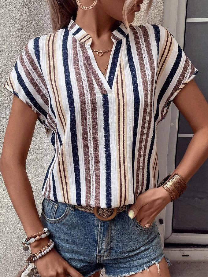 Striped V-Neck Batwing Sleeve Blouse for Women for wholesale by Suhkasana