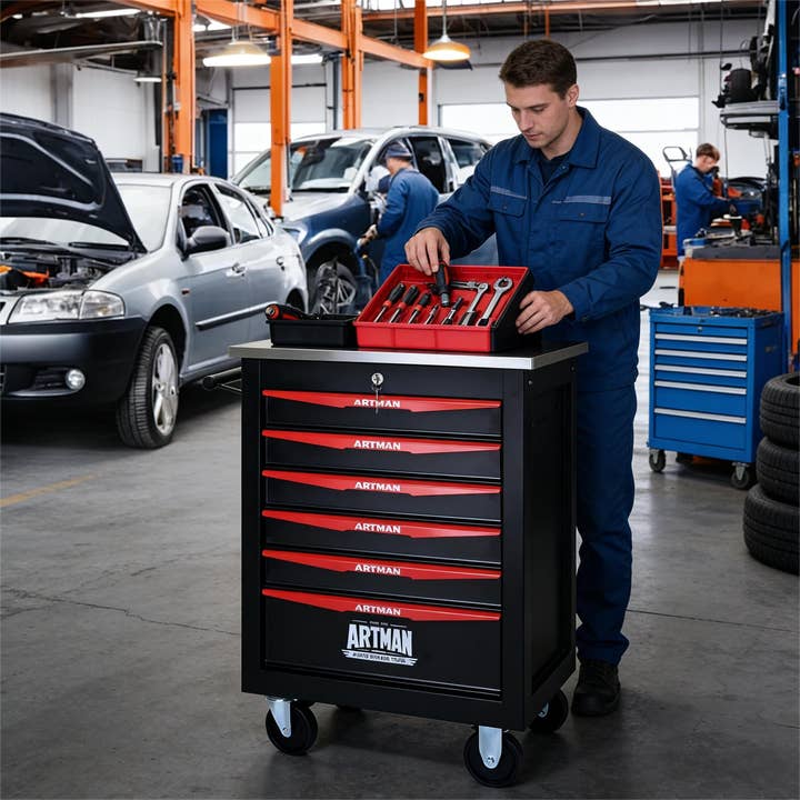 Black/Red Lockable 6-Drawer Rolling Tool Cart with Stainless for wholesale by HOMYCASA DESIGN INC