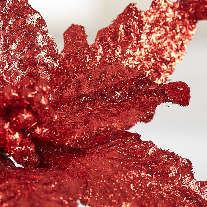 Factory Direct Craft - Wholesale Artificial flowers - 11" Red Tinsel Poinsettia Christmas Floral Pick 1