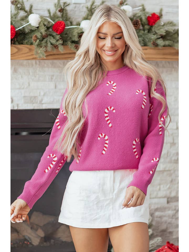 PRETTY BASH - Wholesale Knit Sweater - Women's - Christmas Candy Cane Drop Shoulder Sweater4