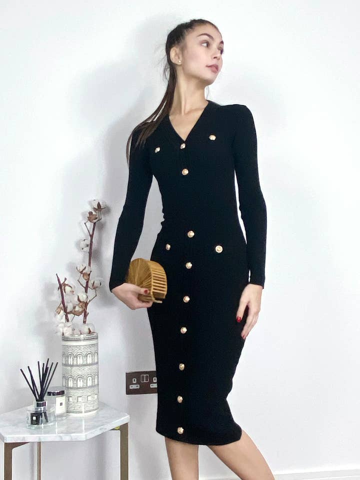 CY FASHION. LONDON – Engroshandel Kjole - Dame – Lange ærmer Knapper Design Midi bodycon kjole i sort