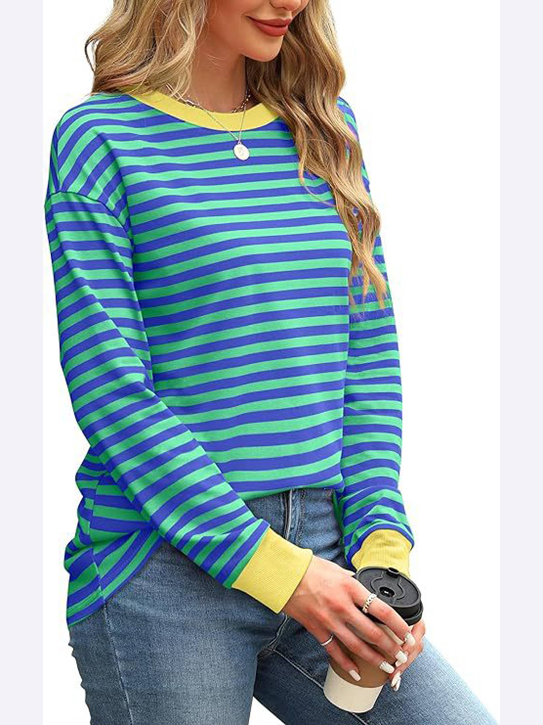Wholesalesir - Wholesale Tunic - Women's - Contrast Loose Round Neck Striped Long Sleeved Top3