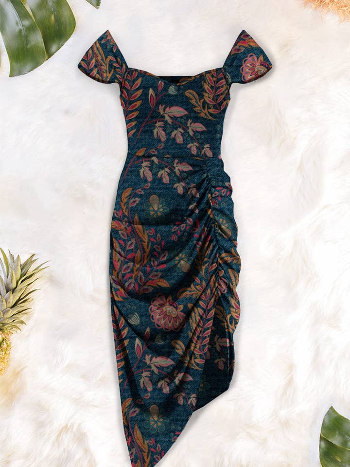 Flowery Print On Cobalt Blue Halley Ruched Midi Dress for wholesale on Faire
