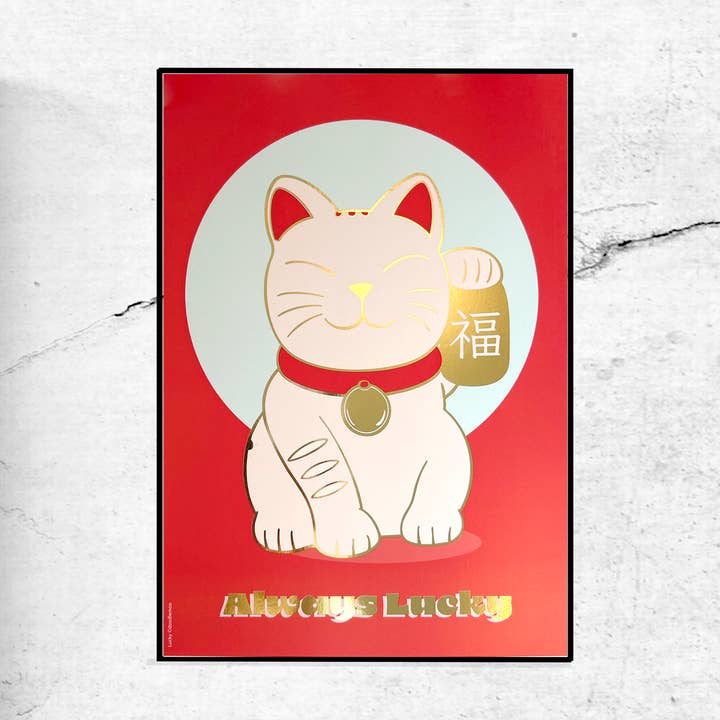 Stampa d'Arte Sempre Fortunato – Edizione in Lamina d'Oro Maneki-Neko per la vendita all'ingrosso da parte di DOODLE MOO LTD