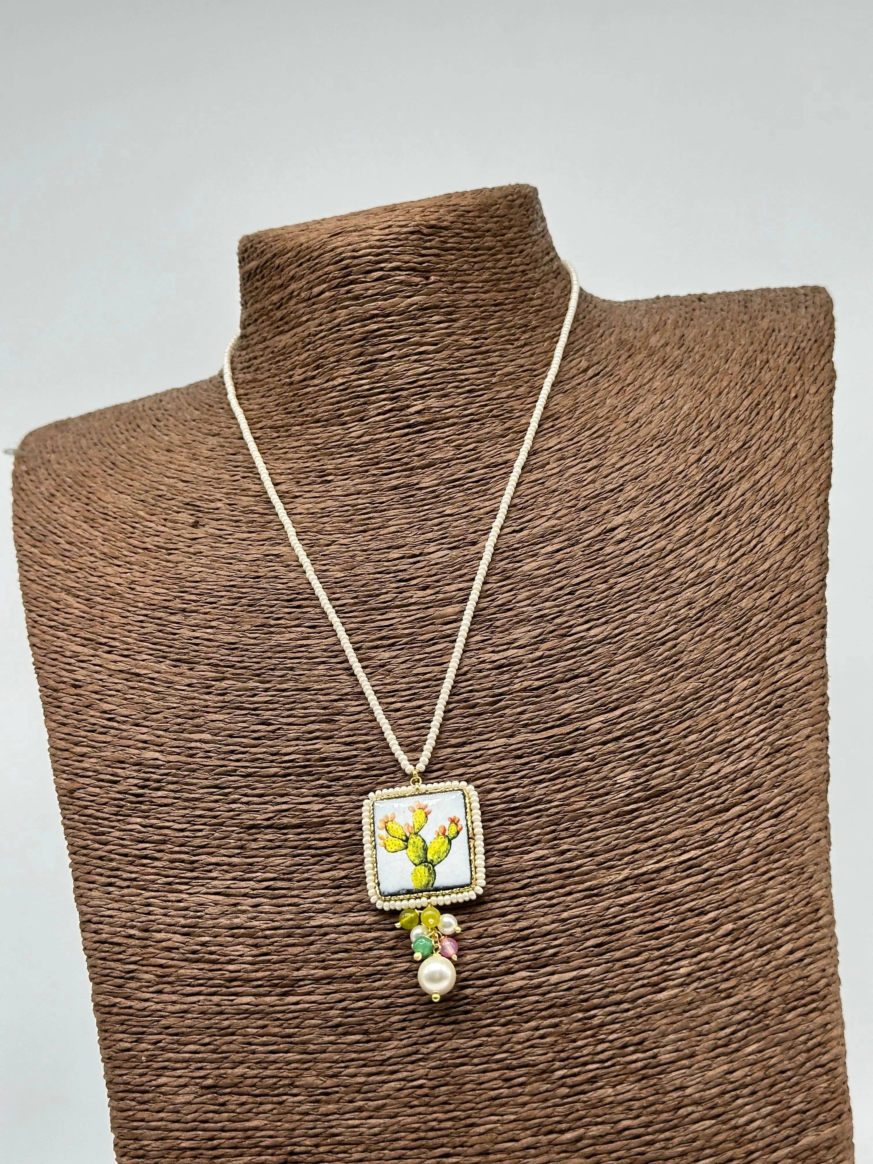 DD Ceramiche Siciliane - Wholesale Pendant/Charm Necklace - Caltagirone Ceramic Tile Necklace, Pala Fichi d'India Decor, frame and chain, white beads2