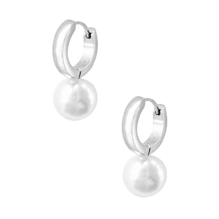 CASEY SILVER PEARL HUGGIE EARRINGS for wholesale by MAI DESIREE