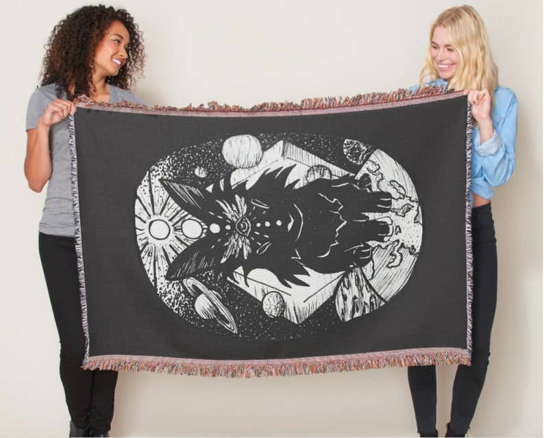 Black Witchy Bunny Woven Afghan Picnic Blanket Tapestry Throw for wholesale on Faire0