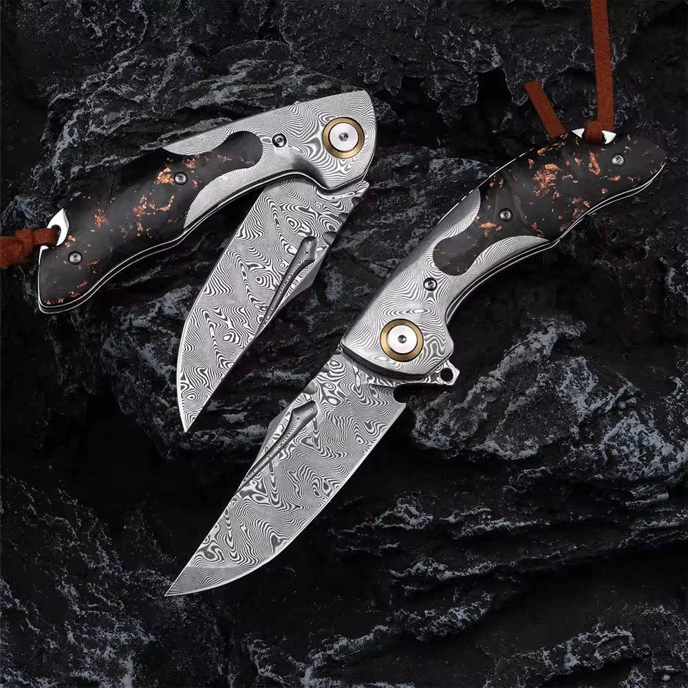 Shokunin USA - Wholesale Pocket Knife/Holder - Kronos Damascus Pocket Knife With Carbon Fiber Handle2