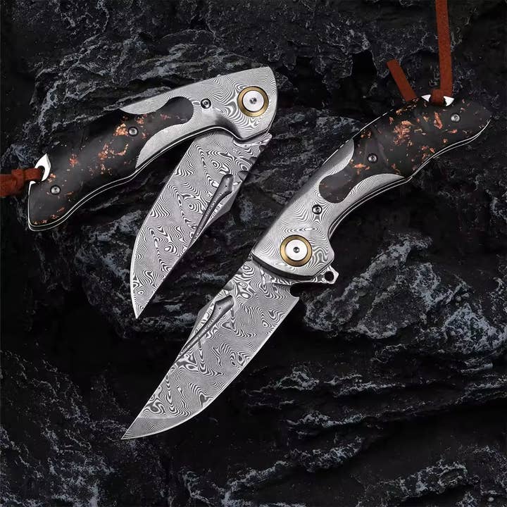 Shokunin USA - Wholesale Pocket Knife/Holder - Kronos Damascus Pocket Knife With Carbon Fiber Handle2