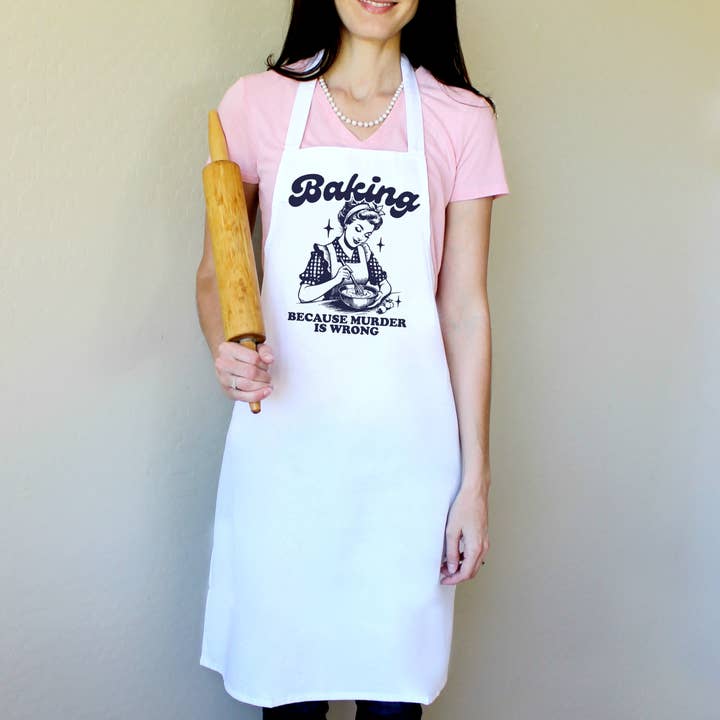 Baking Because Murder is Wrong Apron for wholesale by Love You a Latte Shop
