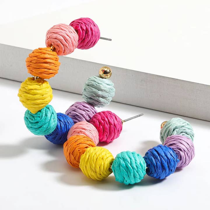 Purple Myrtle - Wholesale Hoop Earrings - Rattan Ball Hoop Earrings in Multicolor and Pink for Summer3
