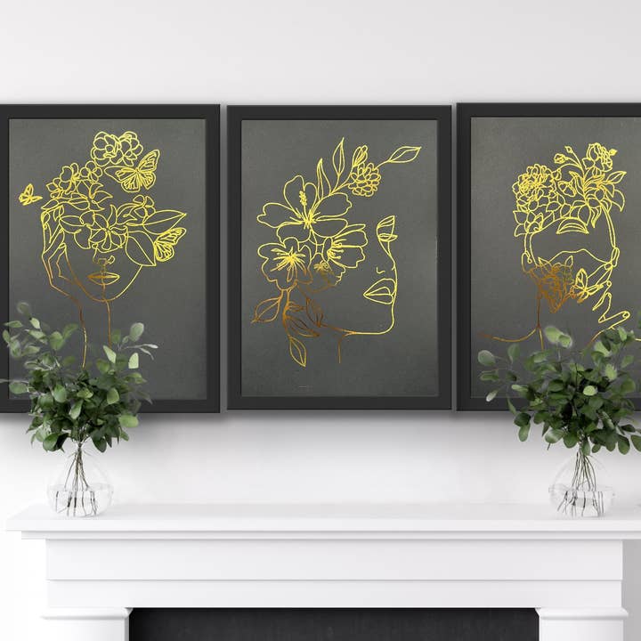 Set of 3, One Line Face Foil Prints Black/Gold for wholesale by Billies Inks