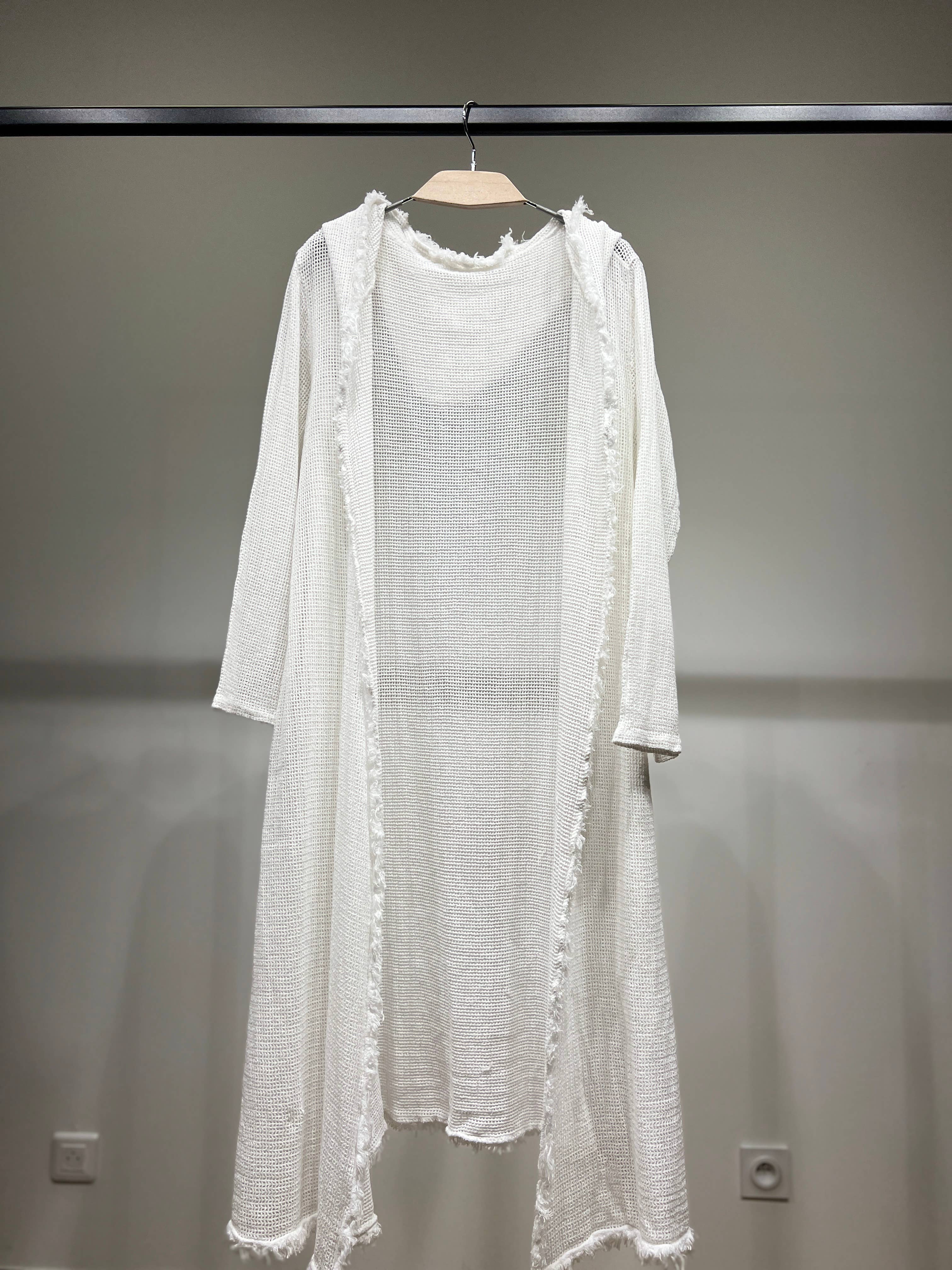 L'Emotion - Wholesale Kimono - Women's - Long Hooded Openwork Knit Fringed Effect Kimono 100% Cotton0