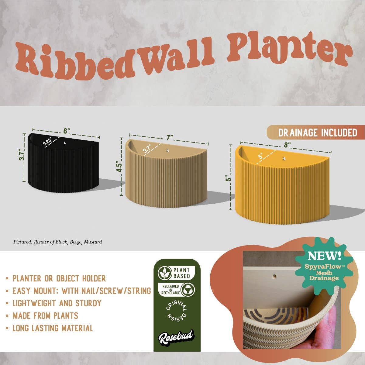 Rosebud Homegoods - Wholesale Wall Planter - Ribbed Wall Planter20