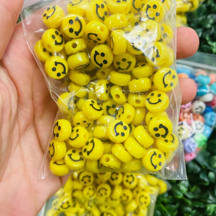 The Bead Bazaar - Wholesale Beads - 100 Smiley Beads, Pack of Happy Face Beads, Colorful Clear Smiley Beads, Round Smiley Spacer Beads, Key Chain Beads, Boho Beads, Kids DIY Jewelry8