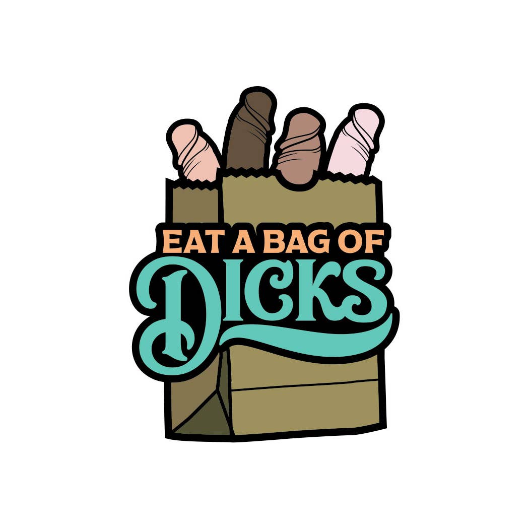 Black Brown Orange Aqua Eat A Bag of Dicks Enamel Pin, EPP-014 for wholesale on Faire0