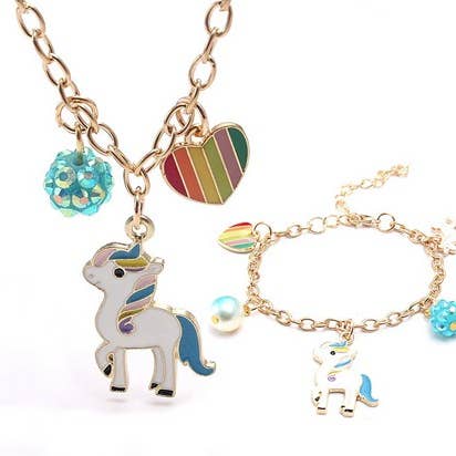 Unicorn Rainbow Heart Necklace & Bracelet Set for wholesale by Dilworth Road