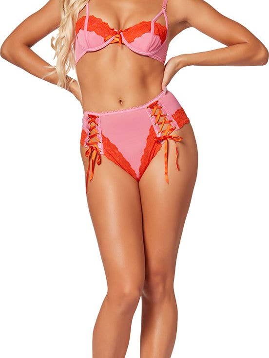 Seven til Midnight Lace And Mesh Lace Up Bra And Boyshort for wholesale by Lingerie Mart