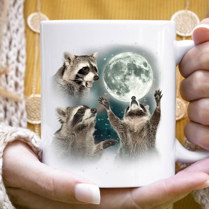 House Of Rodan - Wholesale Coffee Mug - 3 Raccoons Howling - Funny Raccoon Moon Meme Coffee Mug
