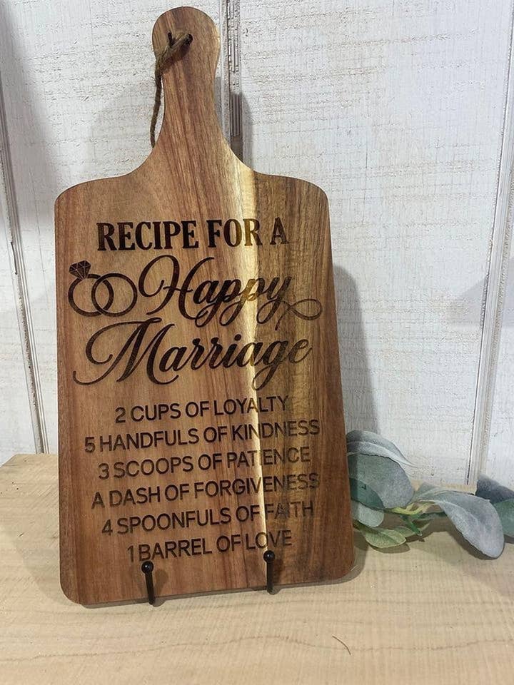 Acacia Wood "Happy Marriage Recipe" Board for wholesale by The Lantern Boutique