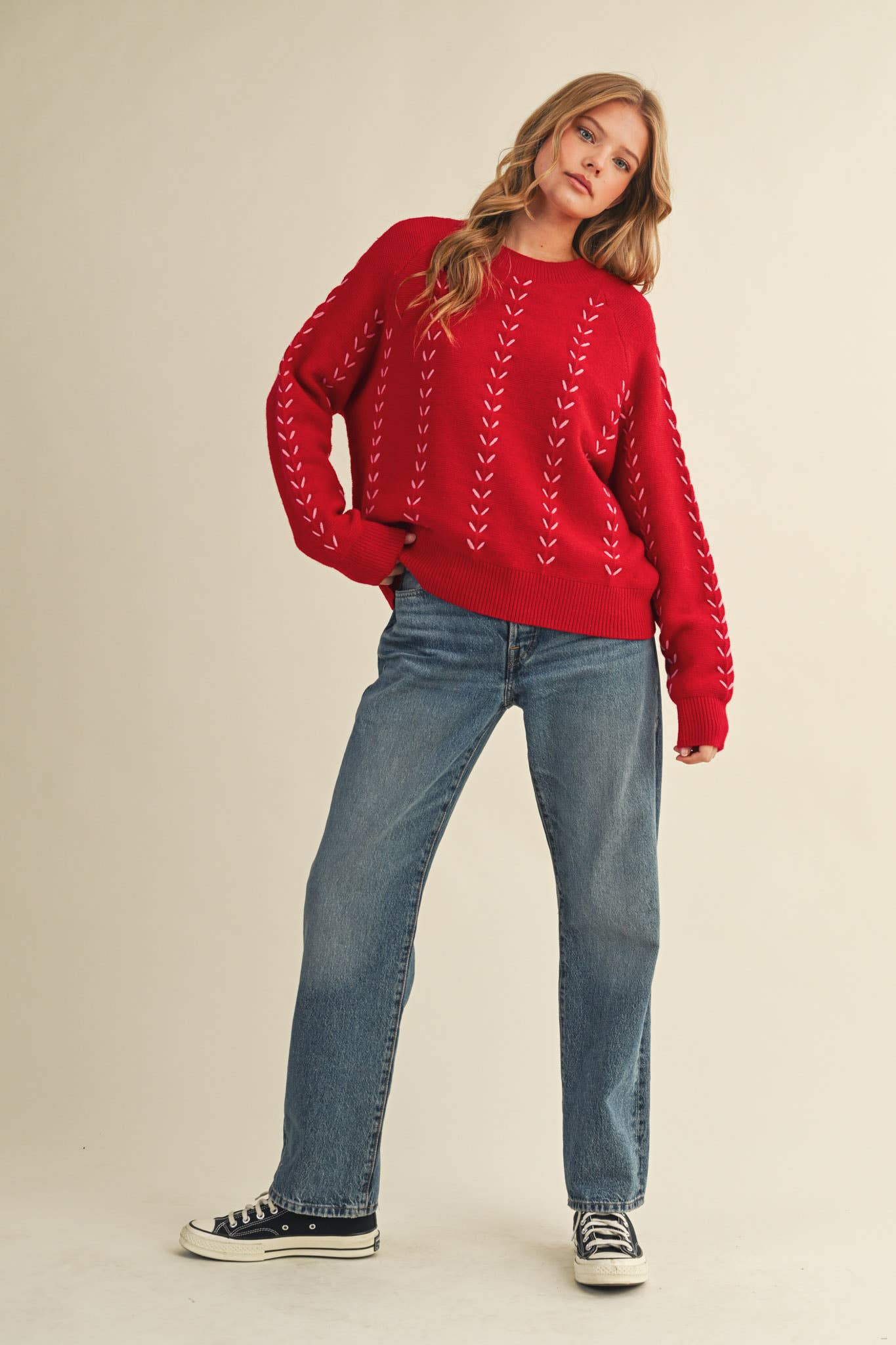 &MERCI - Wholesale Knit Sweater - Women's - EMBROIDERED LONG SLEEVE PULLOVER SWEATER MSW1117914