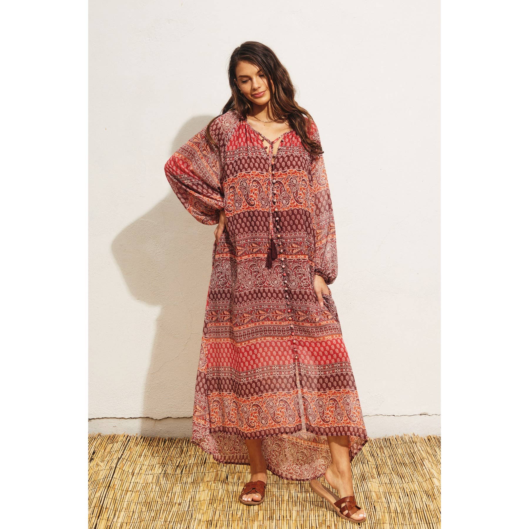 TIJOLO/MULTI Vestido Paisley com listras com botões para venda a revendedores na Faire3