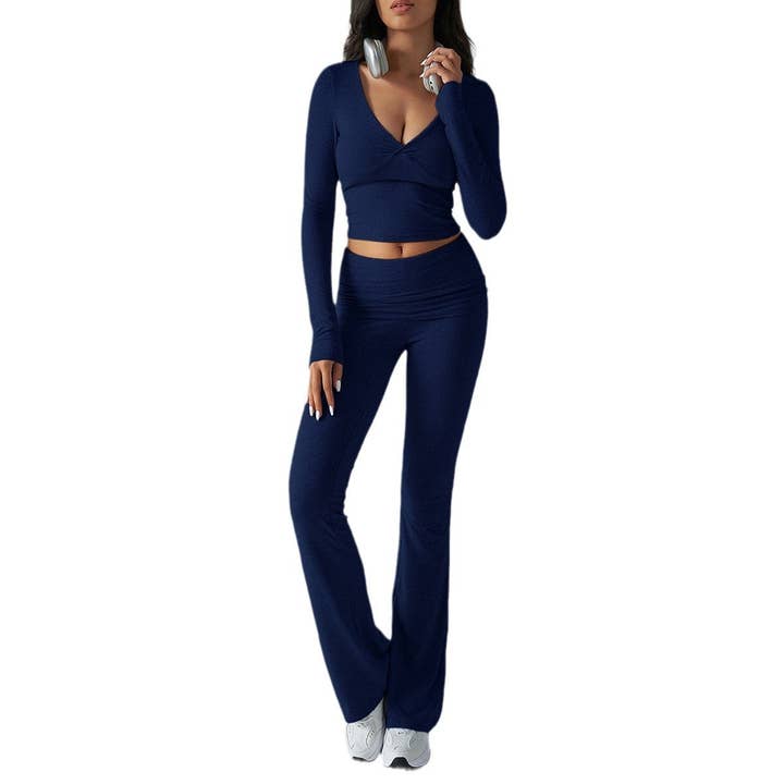 EmberLoom - Wholesale Lounge Set - Women's - Women's Solid V-Neck Knit Slim Fit Top and Pants Set11