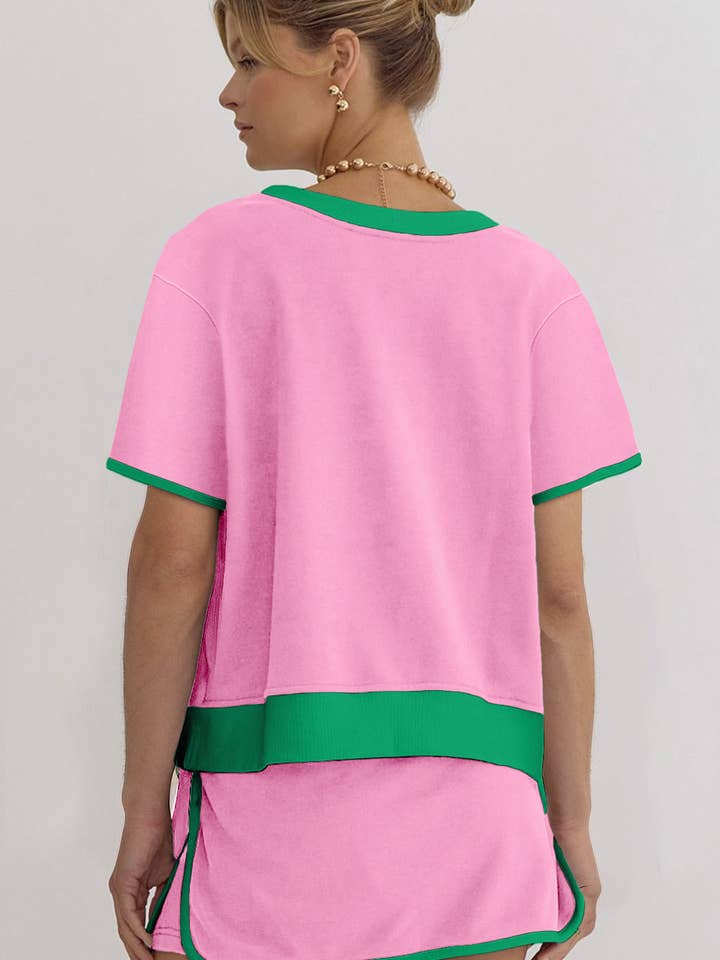 Lovesoft – wholesale Set med topp och kjol - Dam – Bonbon färgblock kant dropp axel T-shirt och skort 2-delars set1