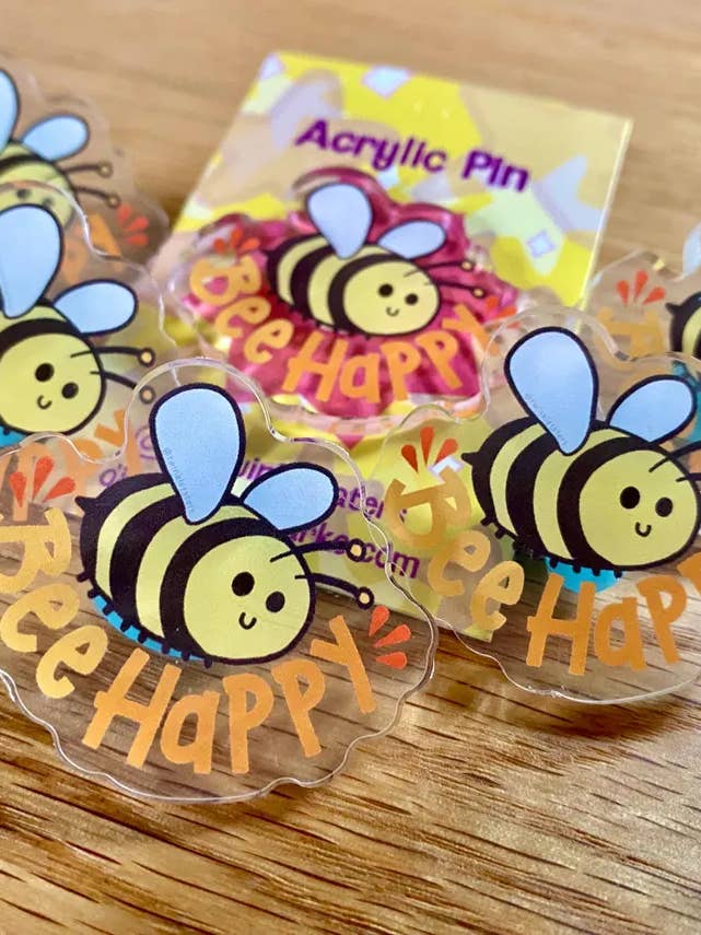 Be(e) Happy Pun 1.5" Acrylic Pin for wholesale by Designs by Diana - twinkletaters