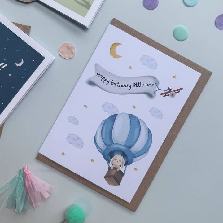 Happy Birthday Little One - Hot Air Balloon Blue Baby Card for wholesale by Deckle Edge