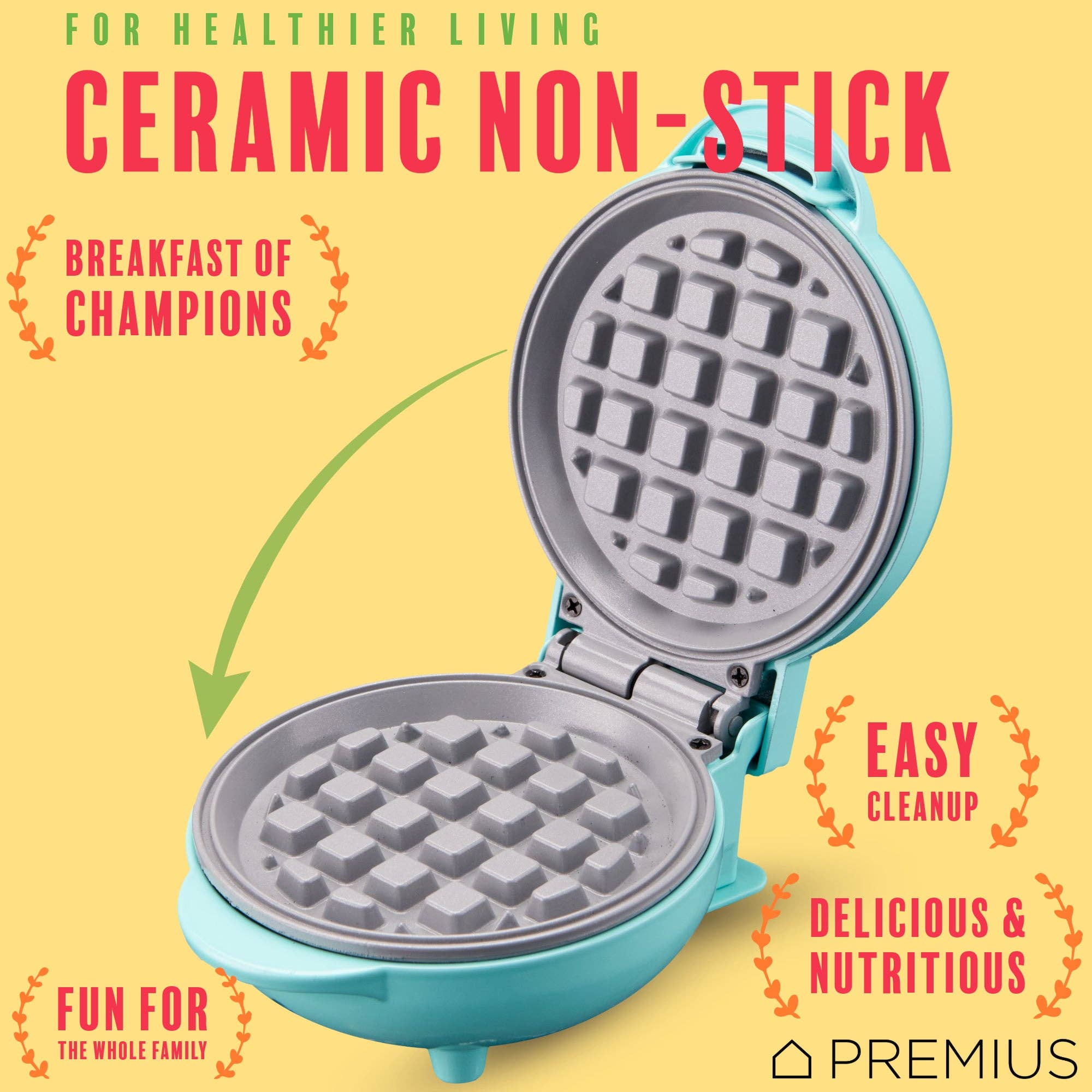 ShopBobbys - Wholesale Kitchen Appliance - PREMIUS Ceramic Non-Stick Mini Snack Waffle Maker, 4 Inch Mold4
