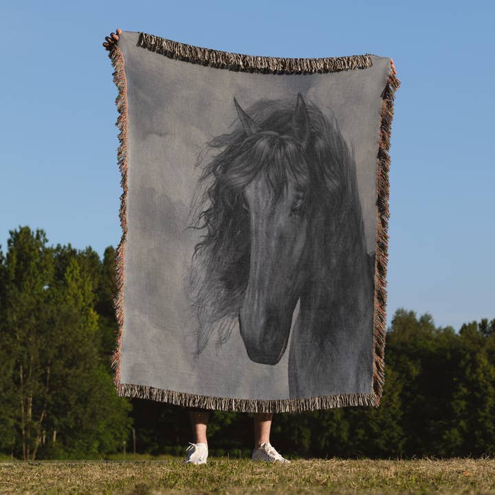 3dRose - Wholesale Throw Blanket - 3dRose, A black Frisian horse portrait in a cloudy sky, Blanket1
