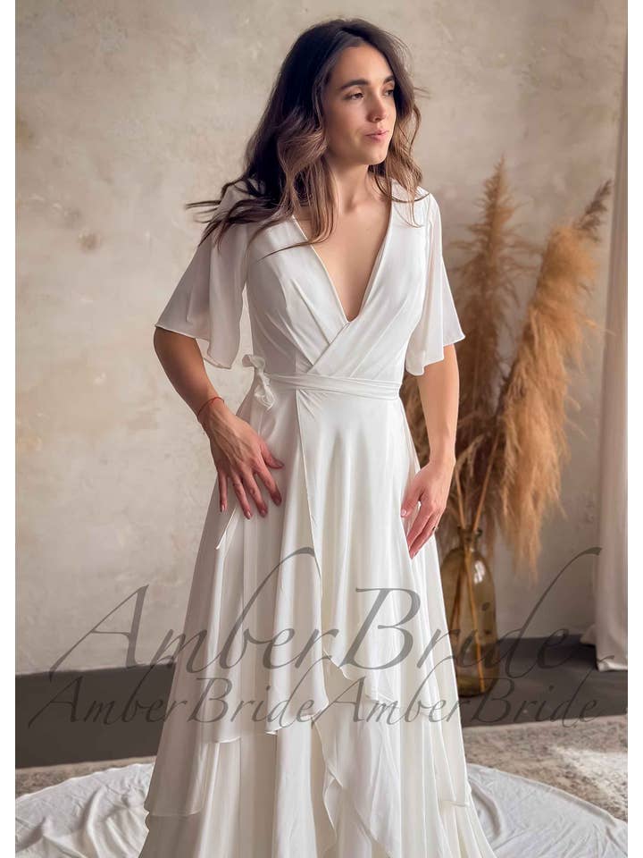 Amber Commerce Group, MB – wholesale Gown – Women's – Medieval Style Layered Chiffon Wedding Dress with Flutter Sleeve2