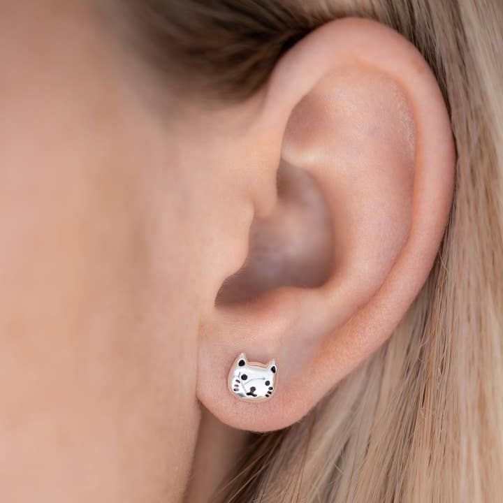 Hayley & Co - Wholesale Stud/Post Earrings - Crazy Cat Lady Kitten Face Sterling Silver Earrings3