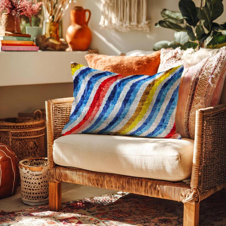 Handwoven Ikat Velvet Pillow: Rainbow Wave - Valparaíso for wholesale by Samarra Home