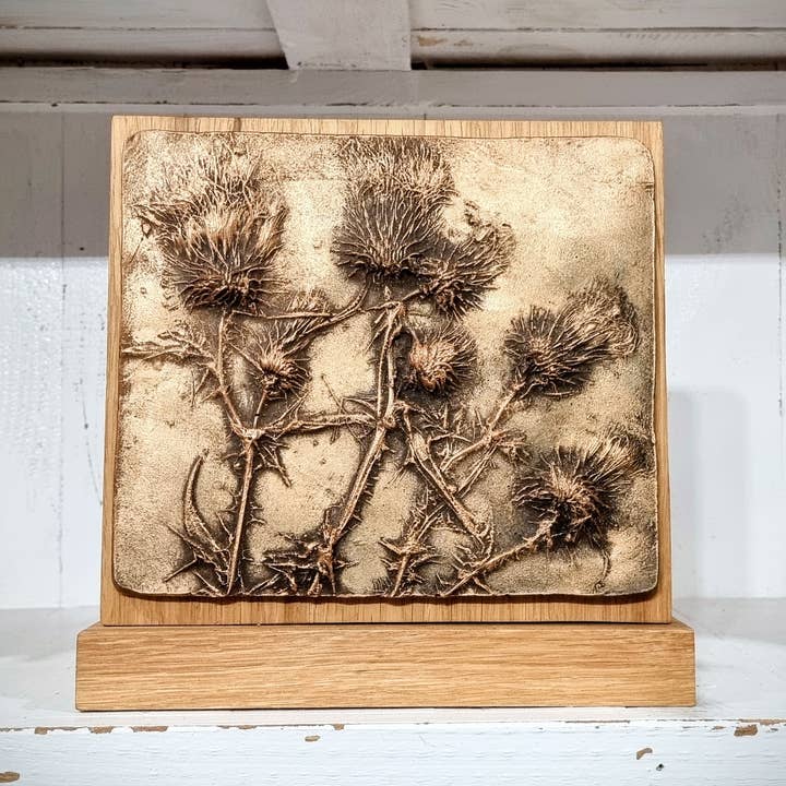 Wildflower Designs - Wholesale Plaque - Metallic Hand Cast Real Scottish Thistle Plaque, Solid Oak
