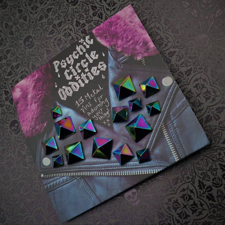 Psychic circle oddities - Wholesale Brooch - Rainbow colored metal pyramid stud pin set- 15 pieces! Great