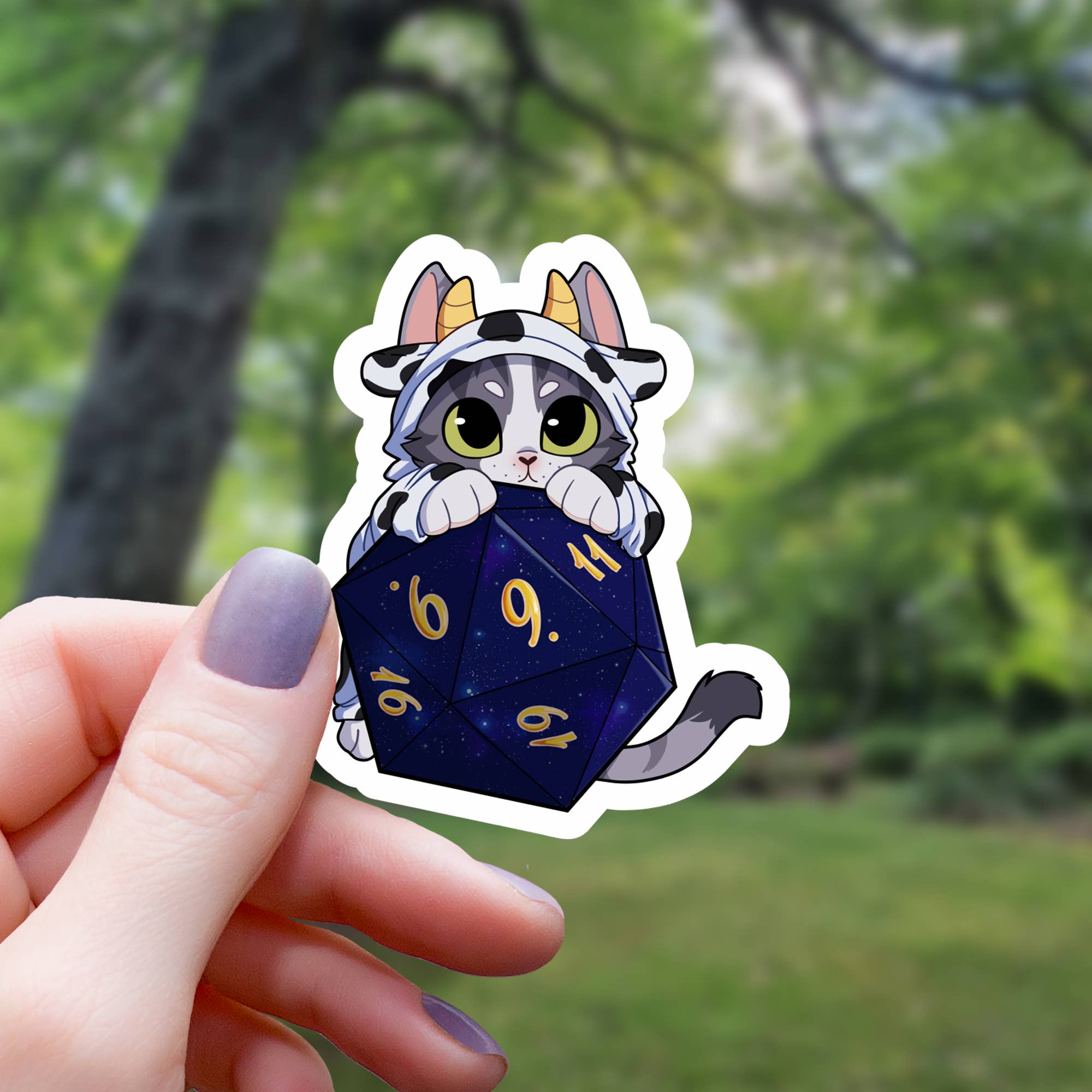 Mimic Gaming Co - Wholesale Sticker - Cow Cat On Polyhedral D20 Dice Sticker - 3"