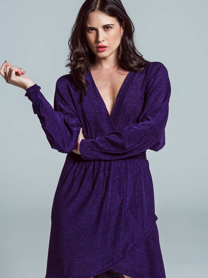 Mini length glitter dress with deep V neck in purple for wholesale by Q2—All Orders:Free Duties for the US,UK,and Canada