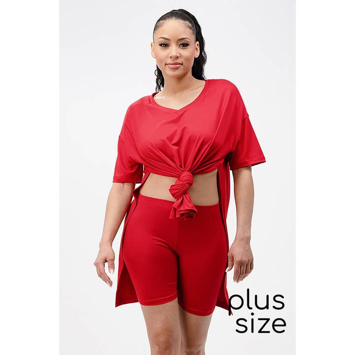 Lime All the Time - Wholesale Lounge Set - Women's - Big Side Split V neck Shirt and Shorts Set Plus