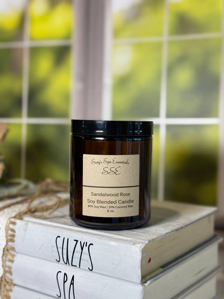 Sandalwood Rose – Soy Blend Candle – 8 oz Amber Jar for wholesale by Suzy Spa Essentials