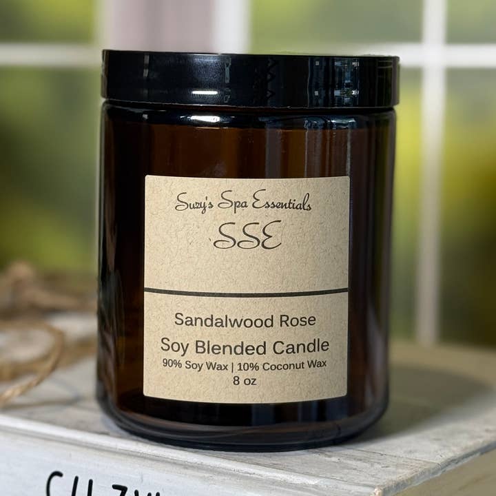 Suzy Spa Essentials - Wholesale Jar/Filled Candle - Sandalwood Rose – Soy Blend Candle – 8 oz Amber Jar