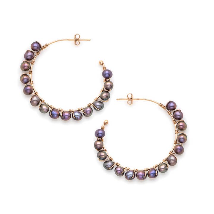 Hoop Earrings with Intertwined Black Freshwater Pearls for wholesale by ISHWARA JEWELS