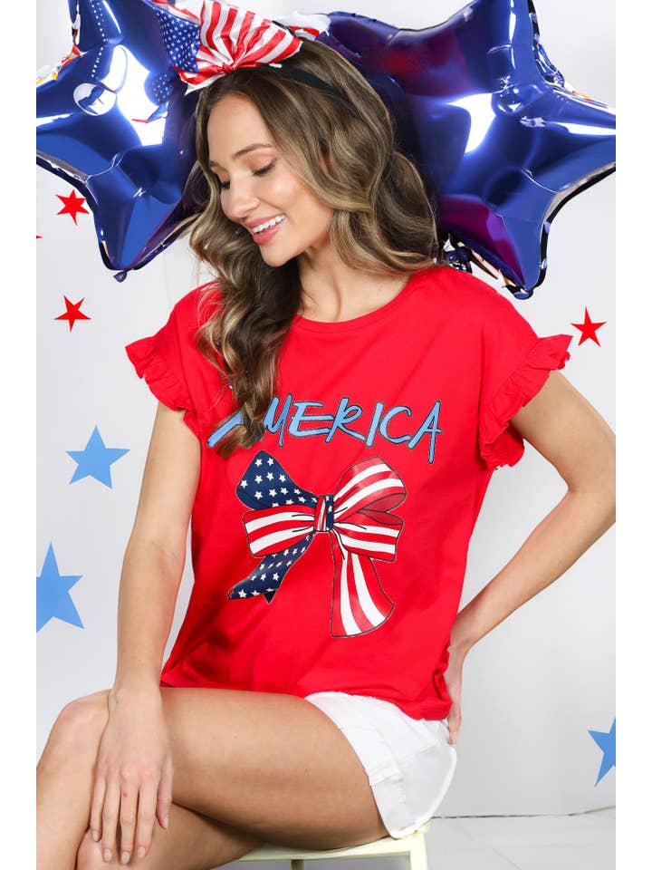 Vine & Love - Wholesale Screen Printed T-Shirt - Women's - American Flag Bow Graphic Crew Neck 100% Cotton Top VT82411A