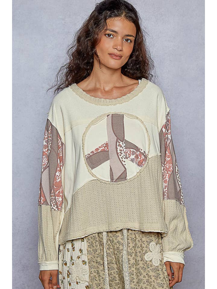 Pol Clothing - Wholesale Knit Top - Women's - Round neck long sleeve cut sew peace emblem knit top