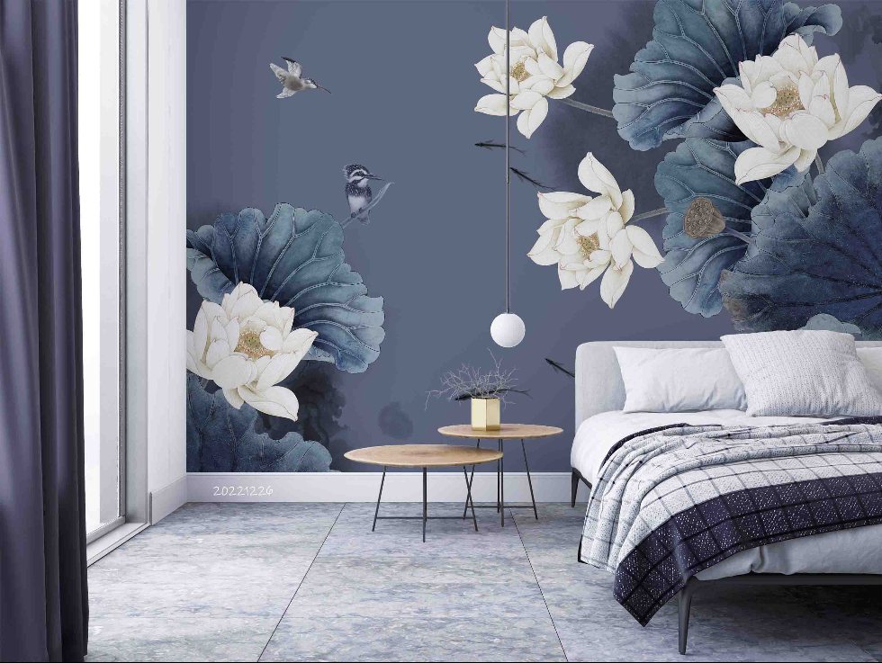 Jess Art Decoration - Vendita all'ingrosso Carta da parati - Carta da parati murale foglia di loto 3D uccello grigio radice di loto YXL 7592