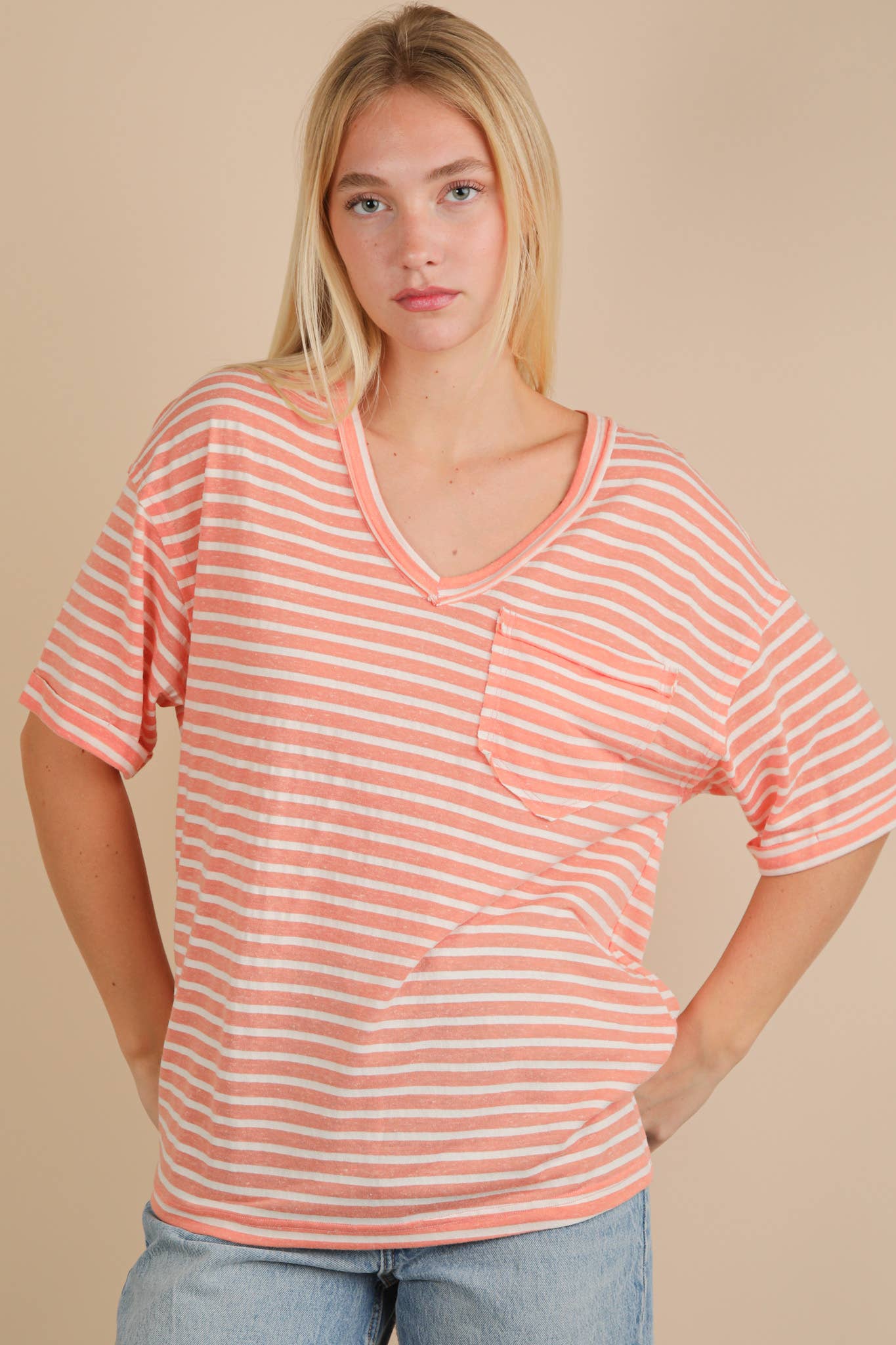 VERY J - Wholesale Knit Top - Women's - NT12167-Oversized Stripe Casual V-Neck Knit Top2