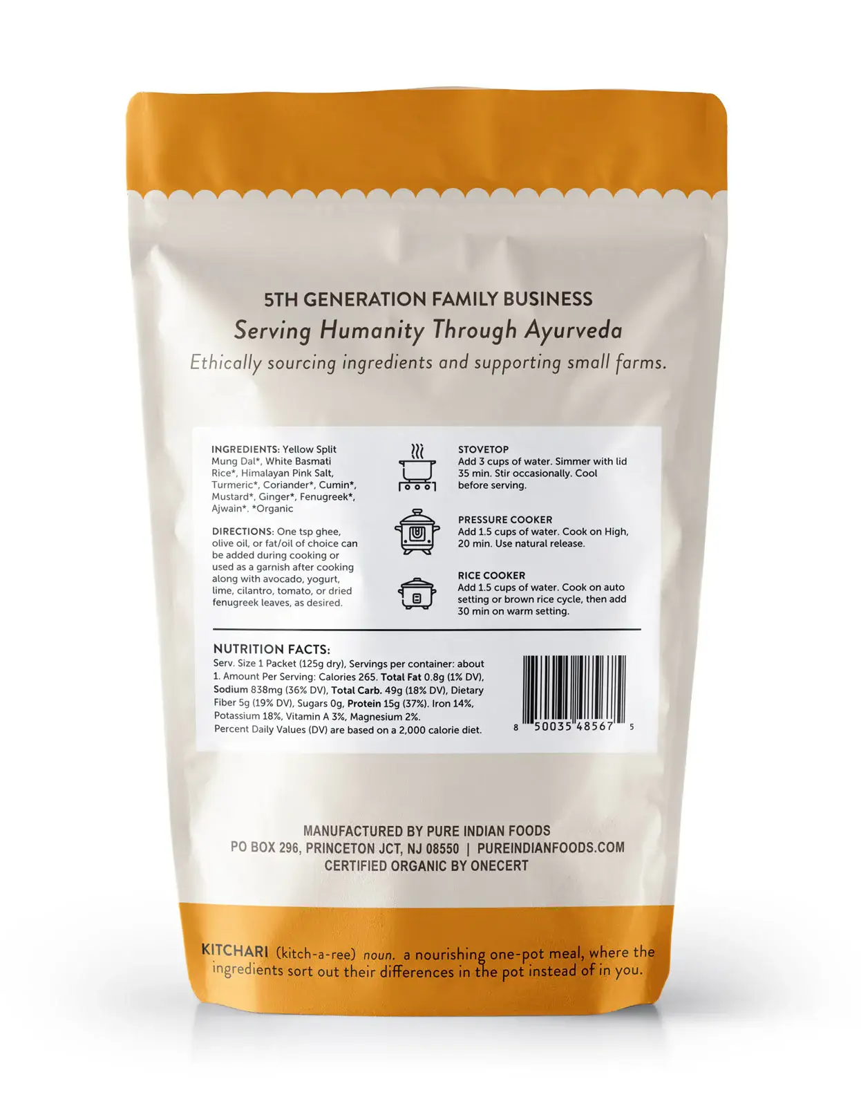 Pure Indian Foods - Vente Plats préparés à longue durée de conservation - Repas prêts à cuisiner OnePot Kitchari, emballage individuel, biologique6