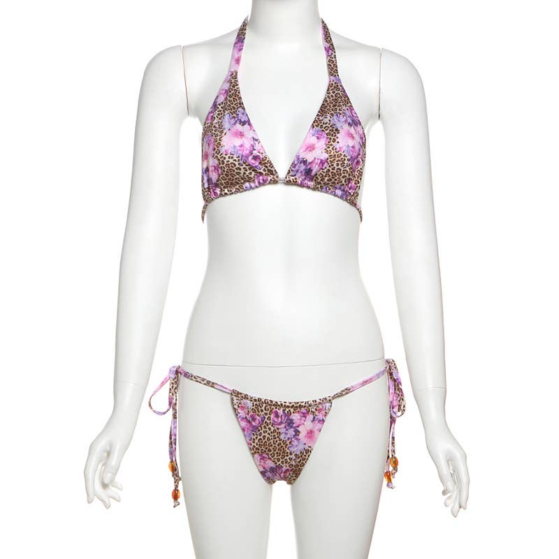 Lily Clothing - Wholesale Two Piece Swimsuit - Women's - Leopard Floral Halter Tie Bikini Set7